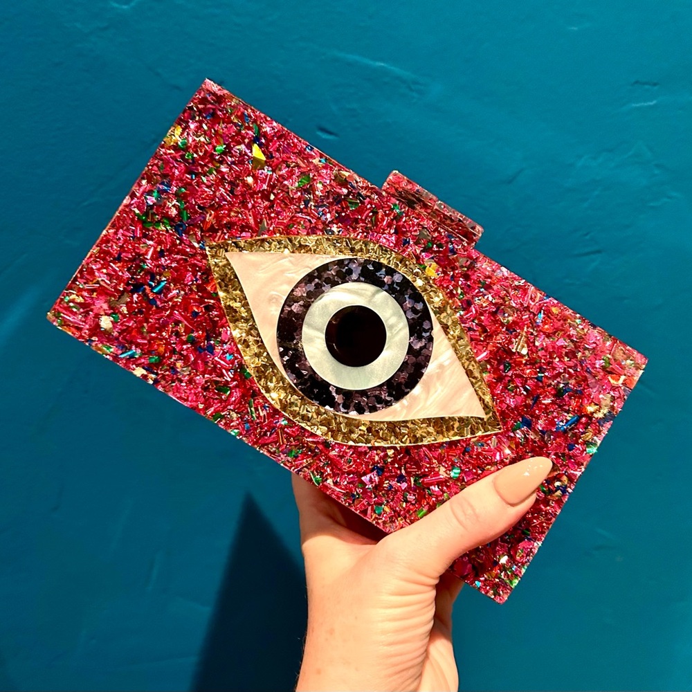 Pink, Gold Multicolor Confetti Glitter Evil Eye Acrylic Clutch